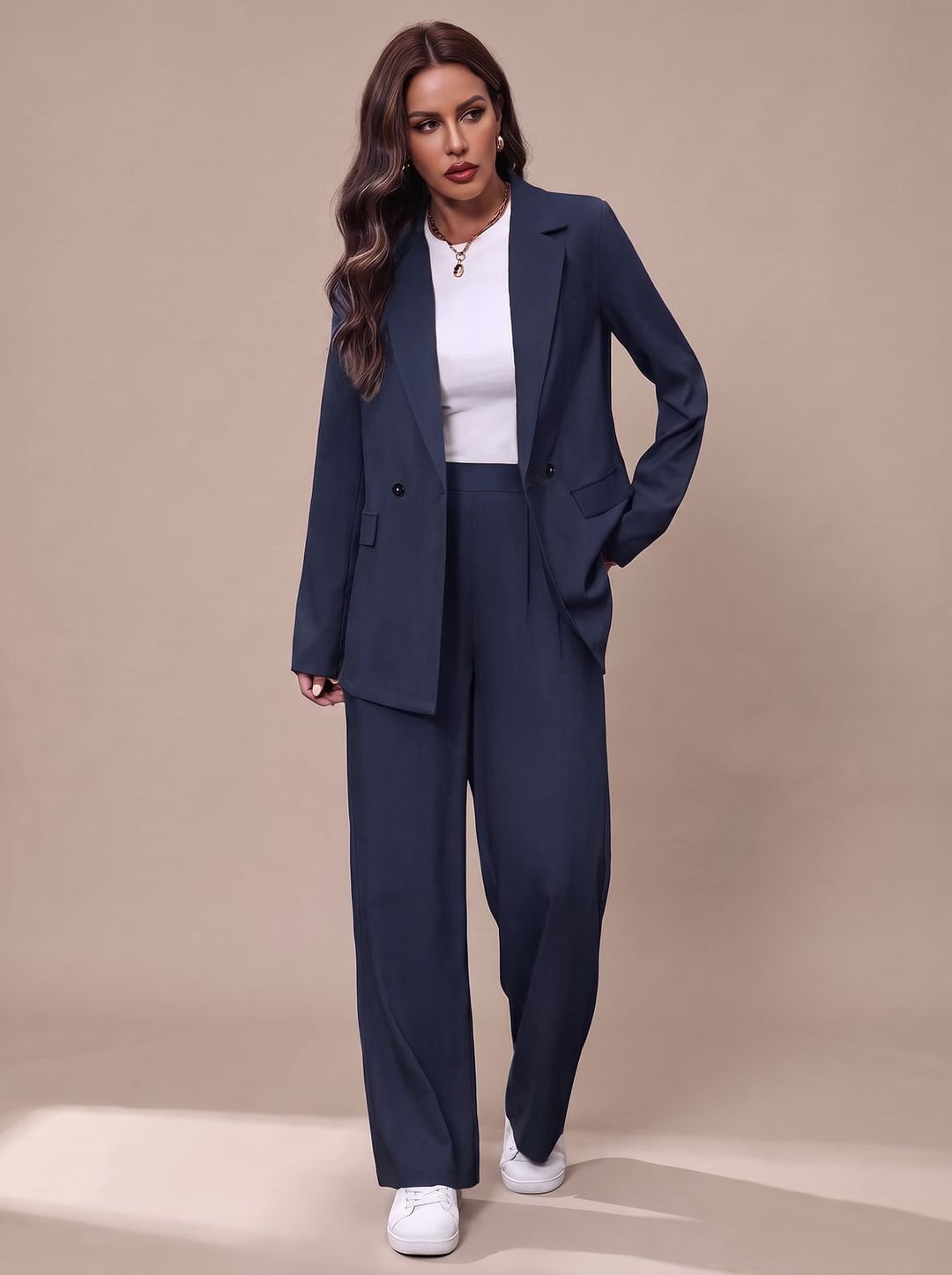 Women's Double-Breasted Tailored Wide-Leg Blazer Pants Suit Set - Navy Blue