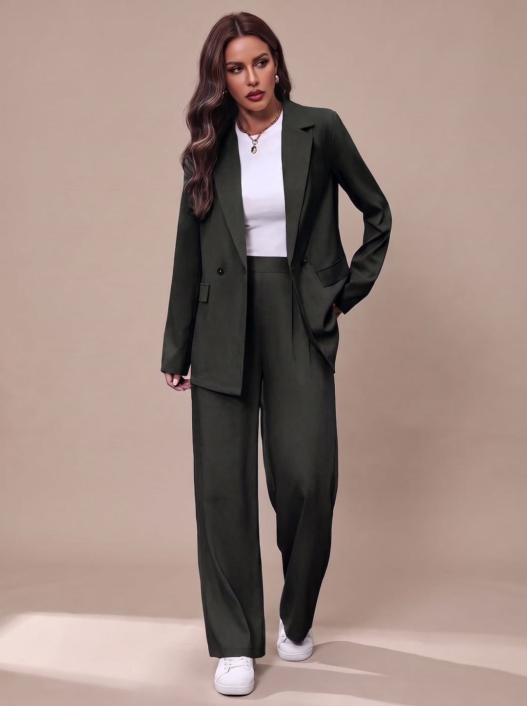 Women's Double-Breasted Tailored Wide-Leg Blazer Pants Suit Set - Black