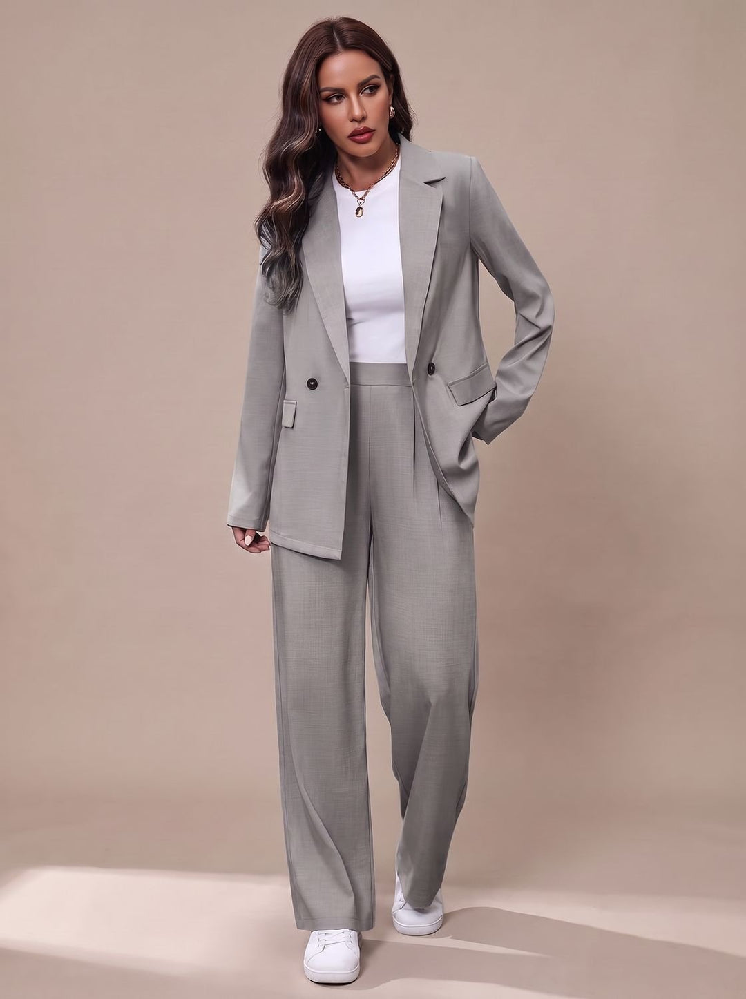 Women's Double-Breasted Tailored Wide-Leg Blazer Pants Suit Set - Light Gray