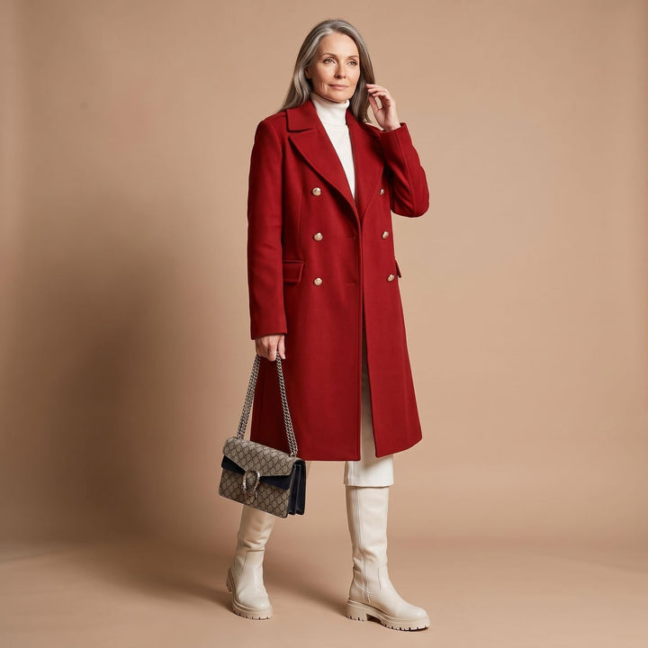 Women's Double-Breasted Tailored Wool-Blend Midi Coat - Red