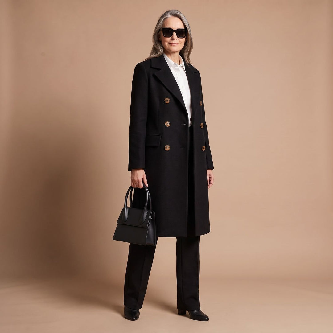 Women's Double-Breasted Tailored Wool-Blend Midi Coat - Black