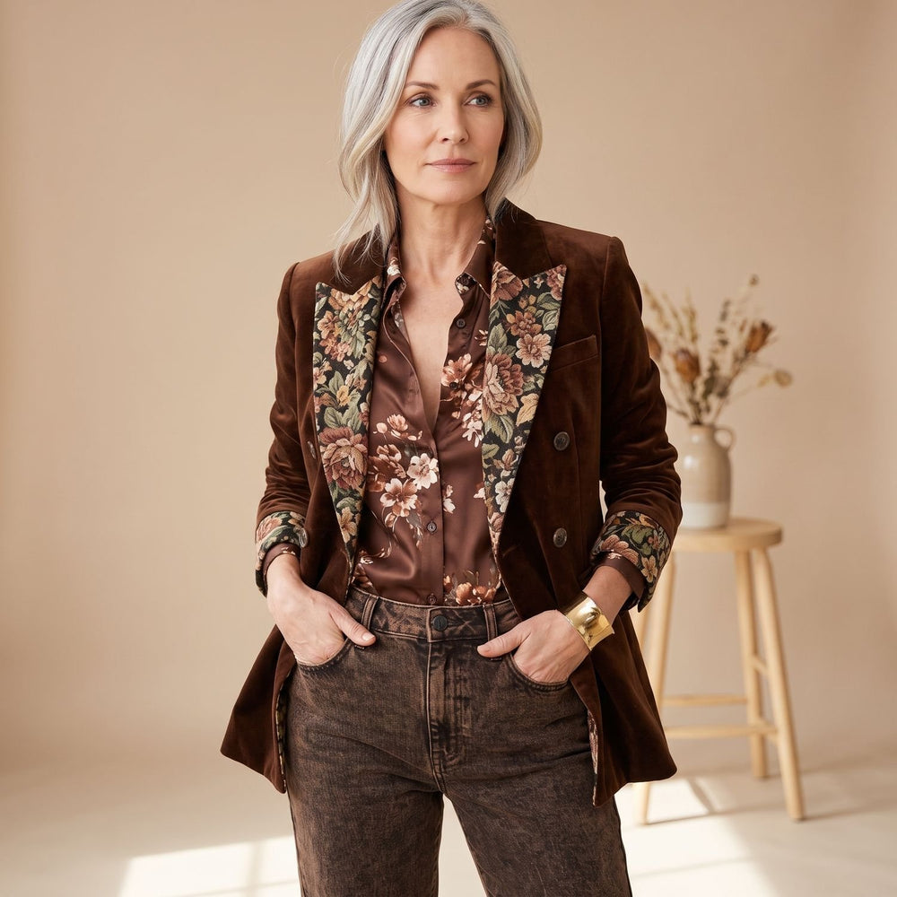 Women's Double-Breasted Velvet Floral-Lapel Blazer - Brown