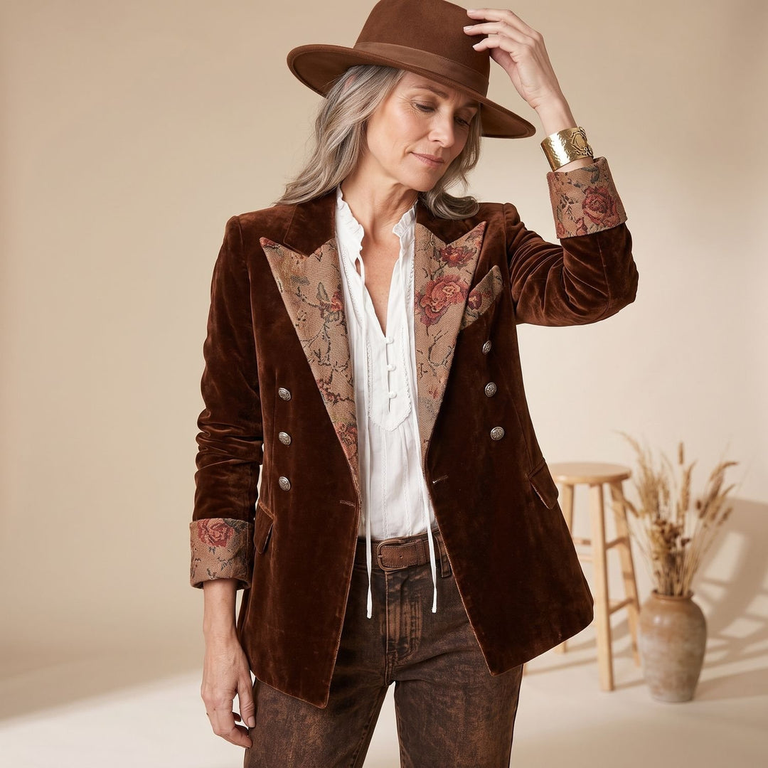 Women's Double-Breasted Velvet Floral-Lapel Blazer