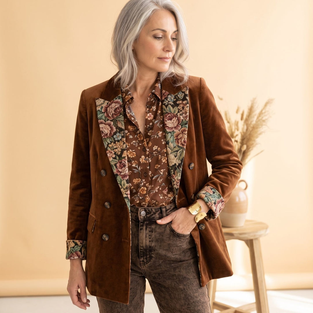 Women's Double-Breasted Velvet Floral-Lapel Blazer