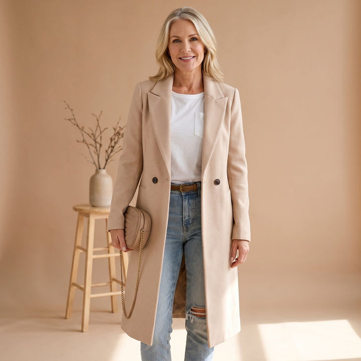 Women's Double-Breasted Wool Blend Longline Coat - Beige