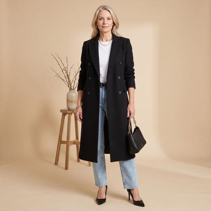 Women's Double-Breasted Wool Blend Longline Coat - Black