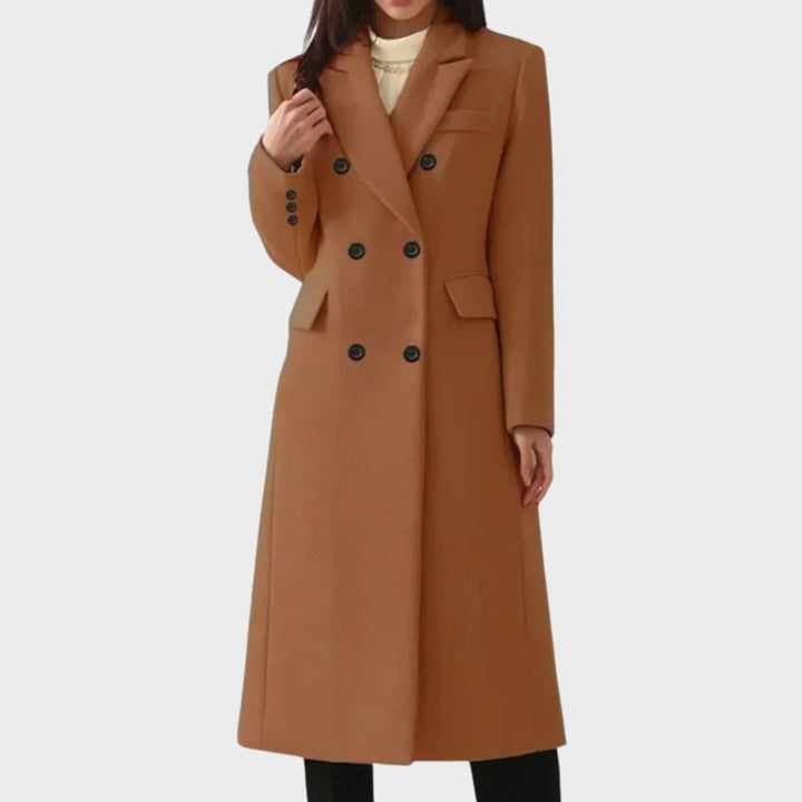 Women's Double-Breasted Wool Winter Coat Notch Lapel Long Tailored - Dark Brown