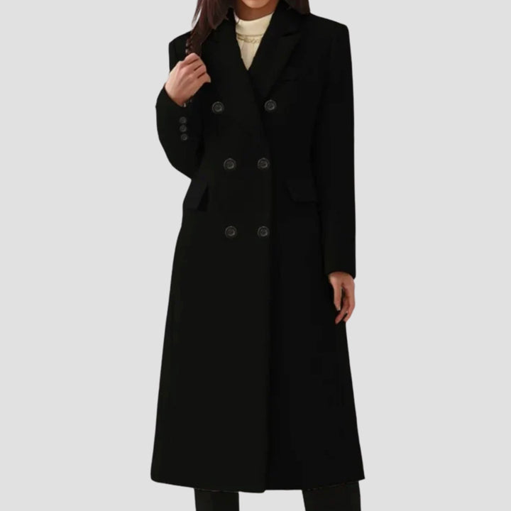 Women's Double-Breasted Wool Winter Coat Notch Lapel Long Tailored - Black