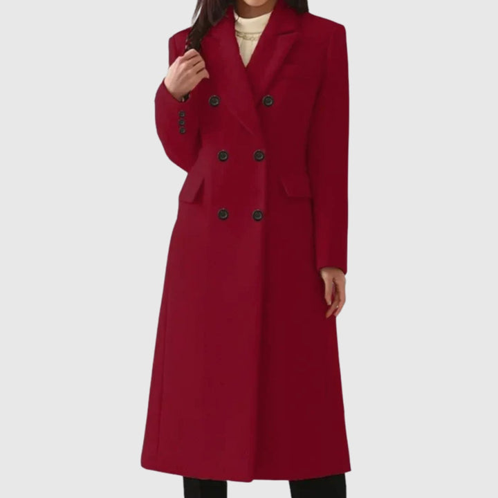 Women's Double-Breasted Wool Winter Coat Notch Lapel Long Tailored - Red