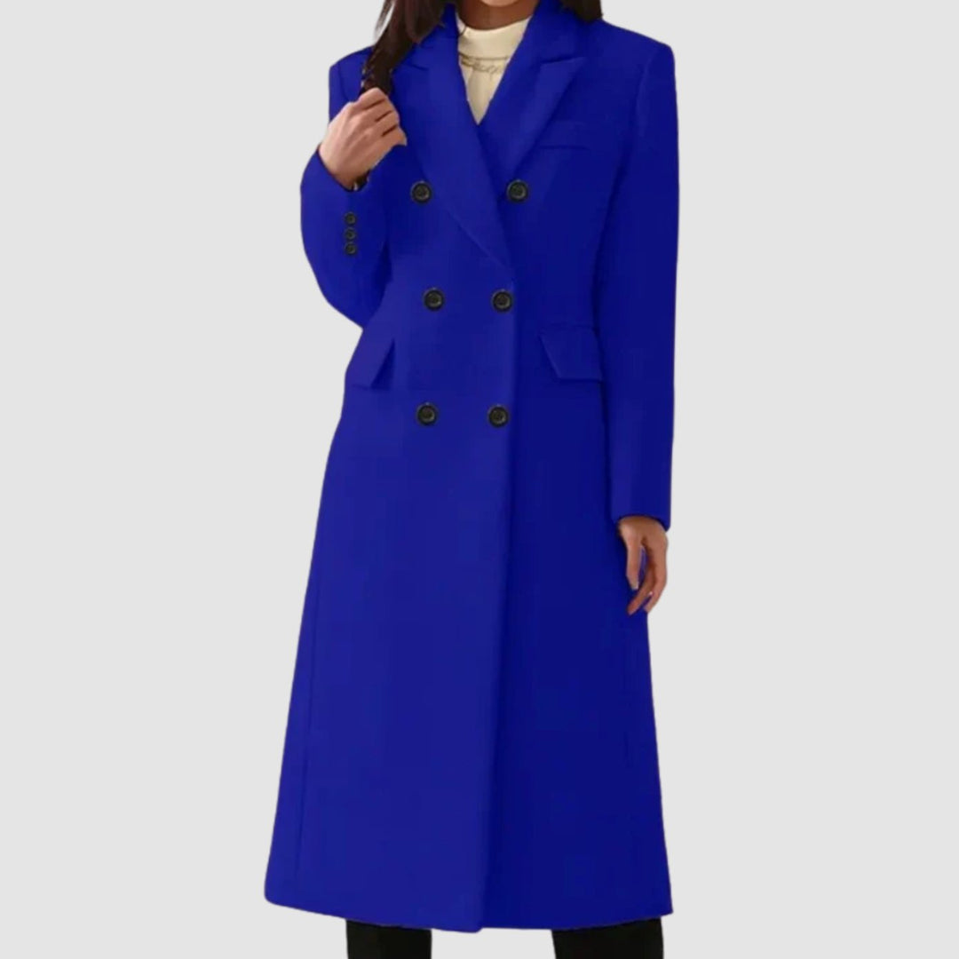 Women's Double-Breasted Wool Winter Coat Notch Lapel Long Tailored - Blue