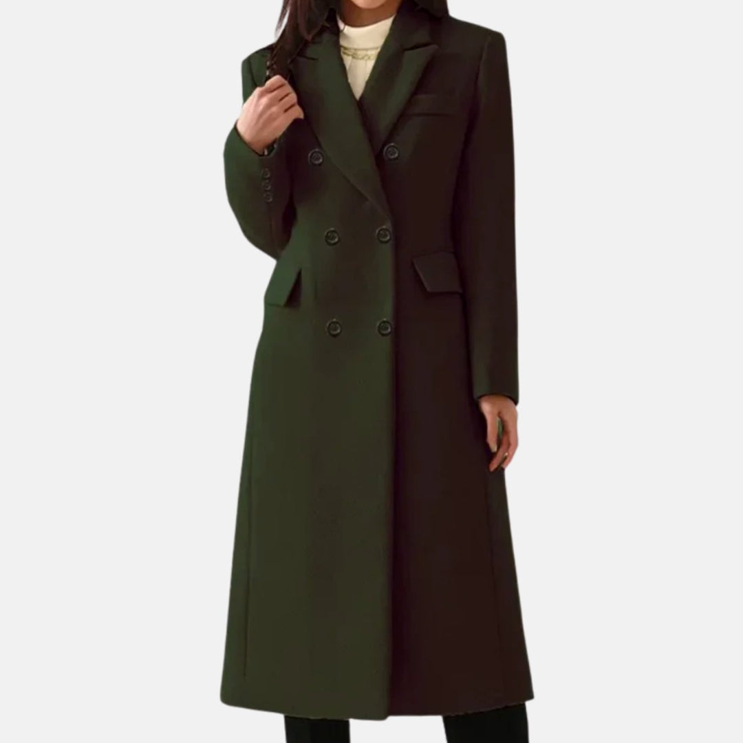 Women's Double-Breasted Wool Winter Coat Notch Lapel Long Tailored - Dark Green
