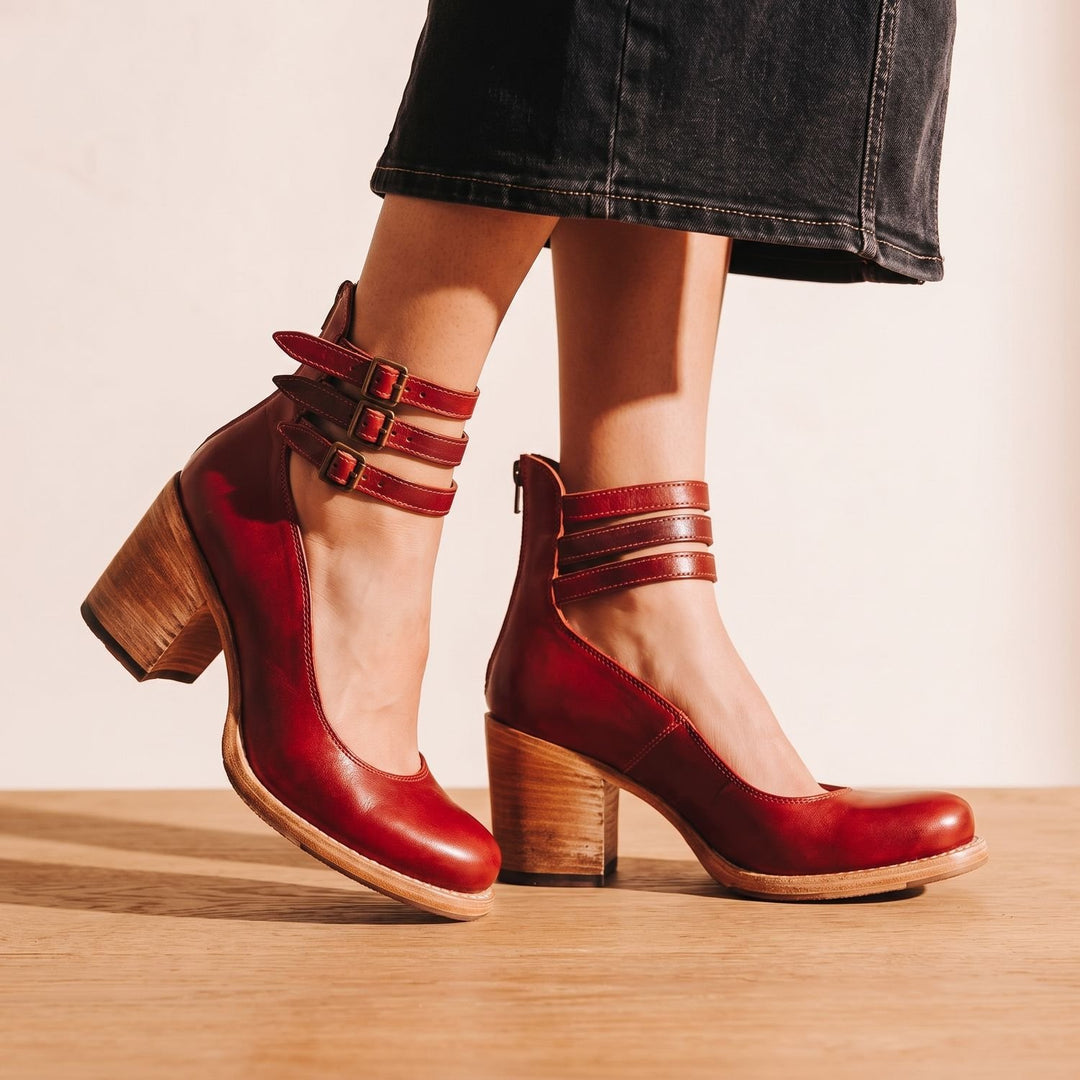 Women's Double-Buckle Block-Heel Leather Ankle Boots