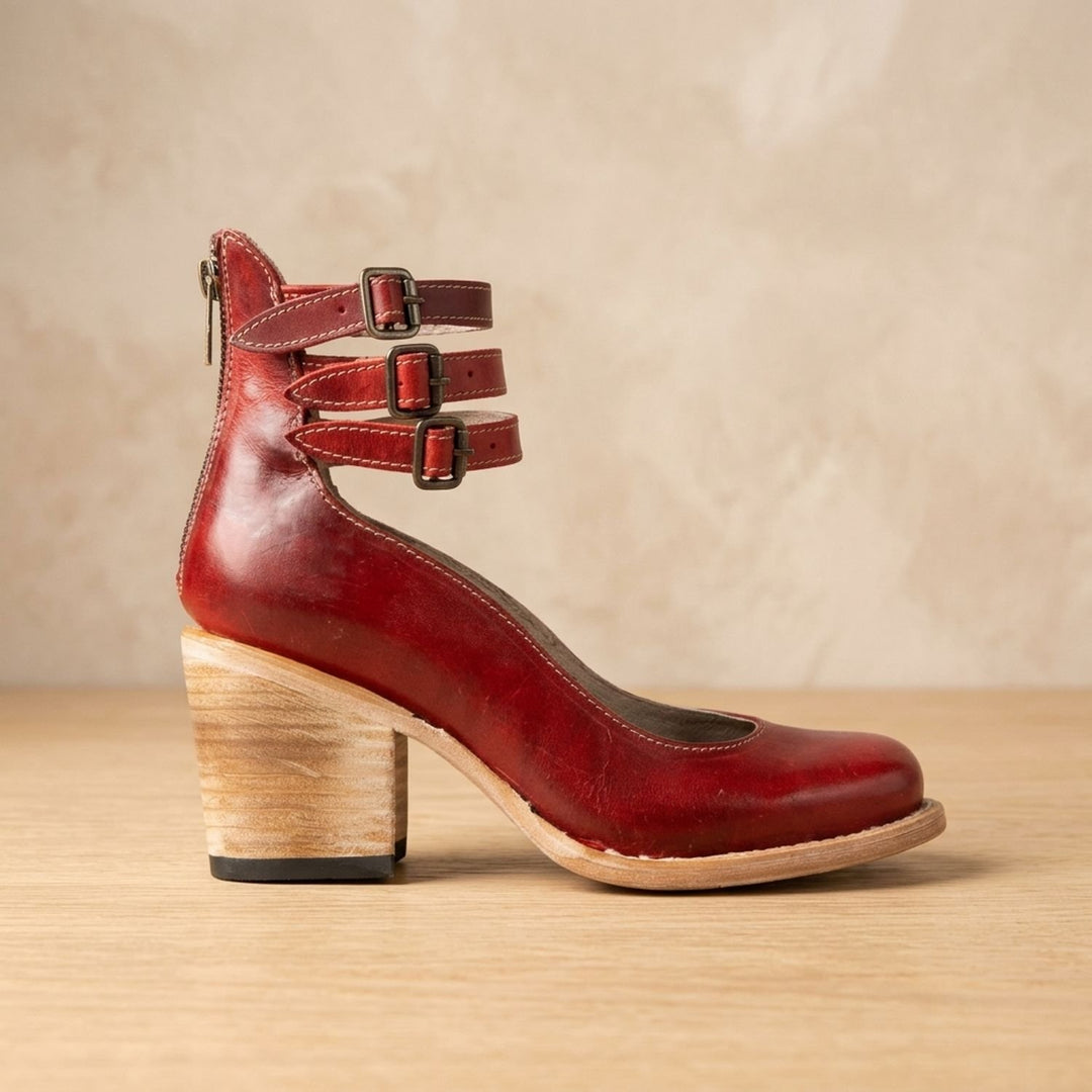 Women's Double-Buckle Block-Heel Leather Ankle Boots