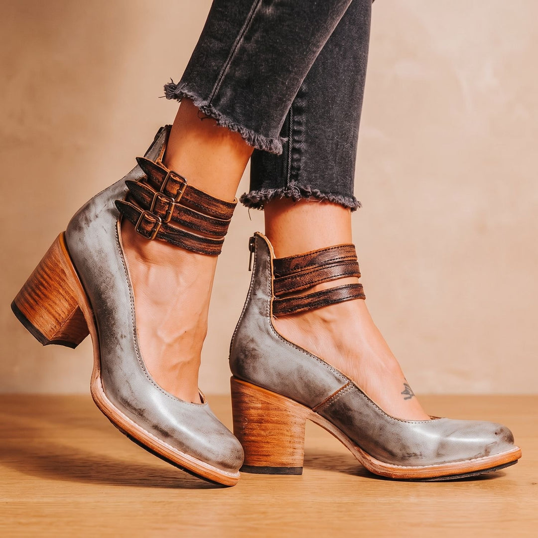 Women's Double-Buckle Block-Heel Leather Ankle Boots - Gray
