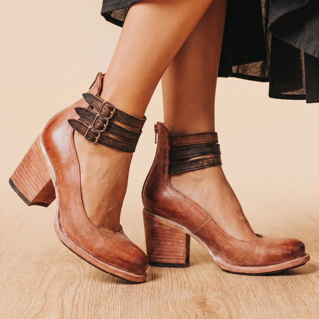 Women's Double-Buckle Block-Heel Leather Ankle Boots - Dark Brown
