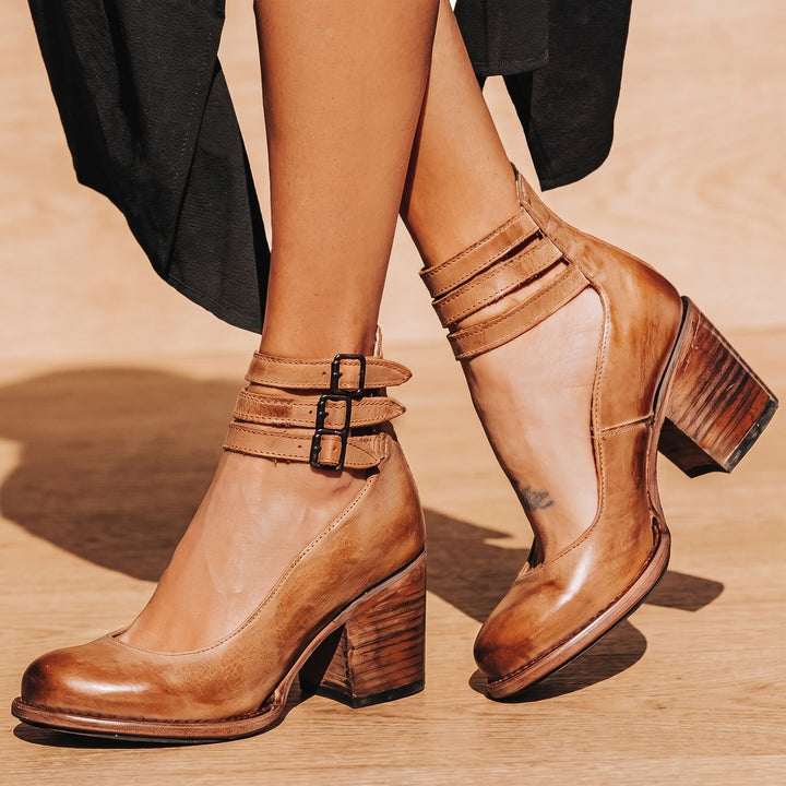 Women's Double-Buckle Block-Heel Leather Ankle Boots - Brown