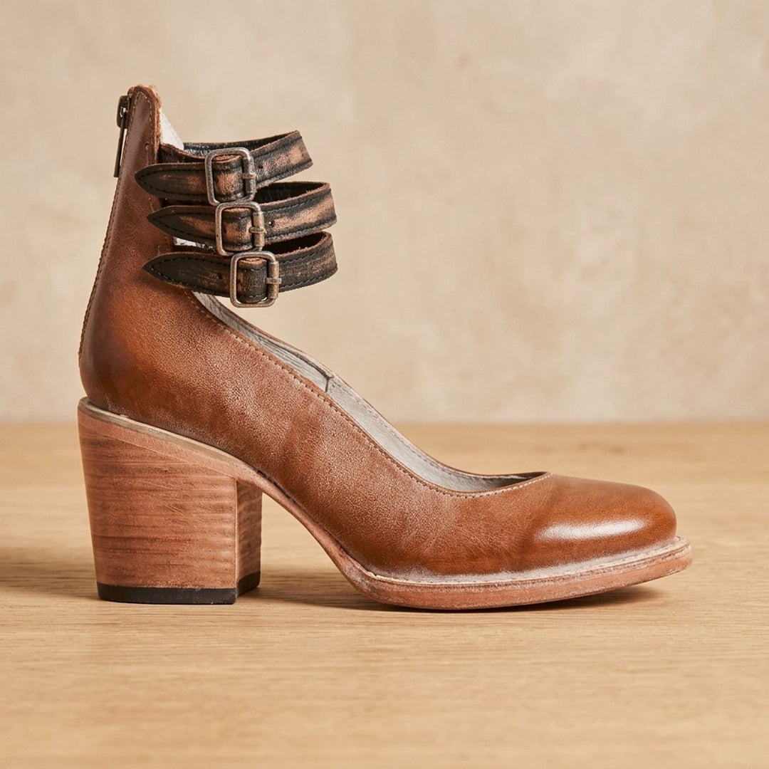 Women's Double-Buckle Block-Heel Leather Ankle Boots