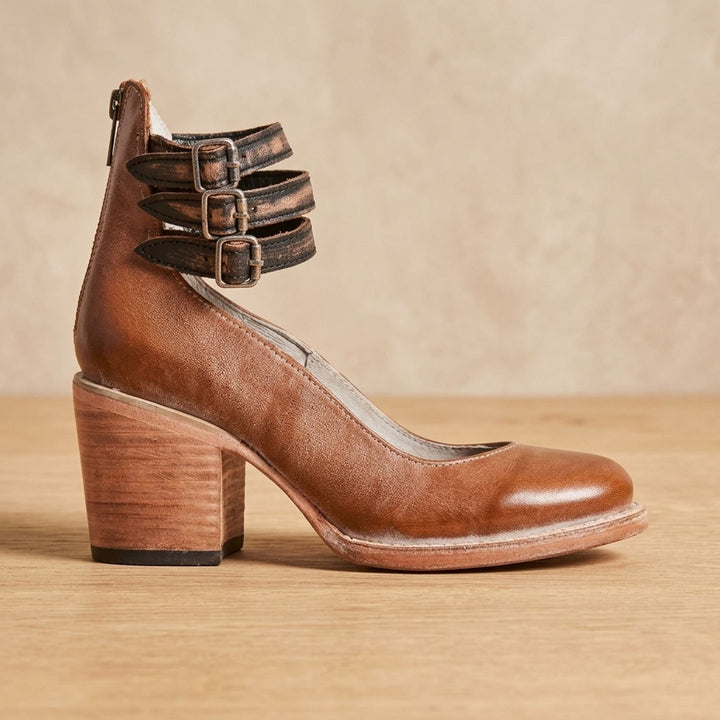 Women's Double-Buckle Block-Heel Leather Ankle Boots