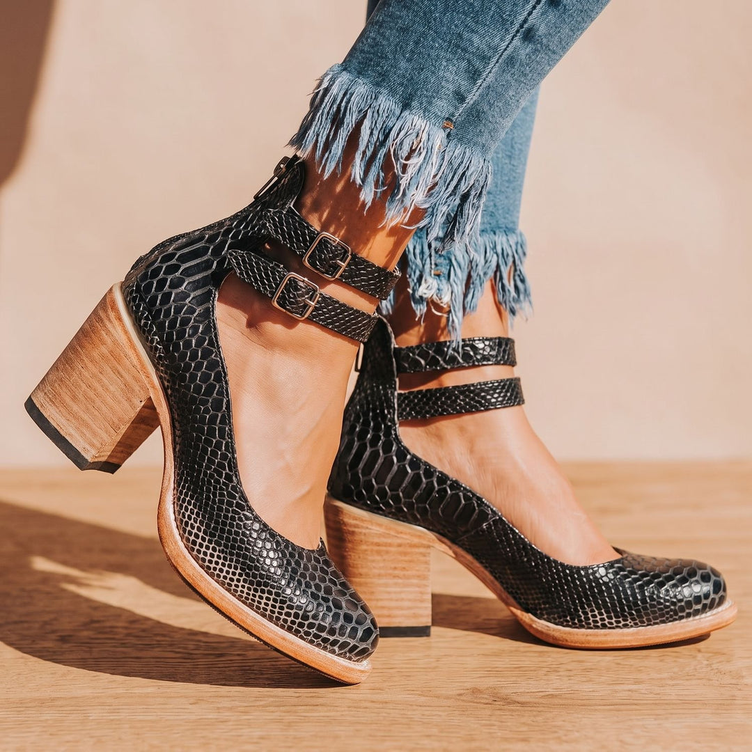 Women's Double-Buckle Block-Heel Leather Ankle Boots