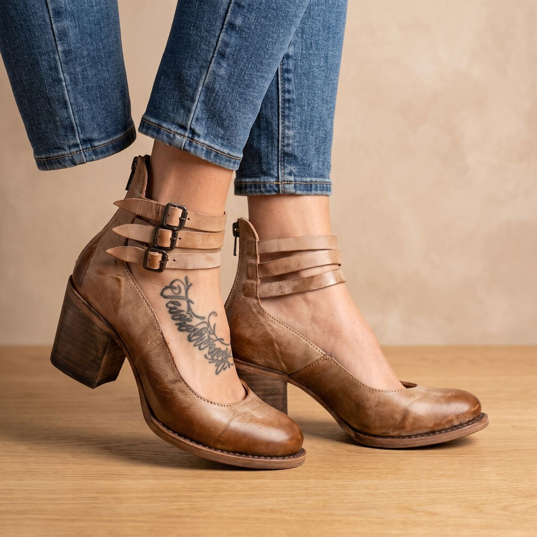 Women's Double-Buckle Block-Heel Leather Ankle Boots