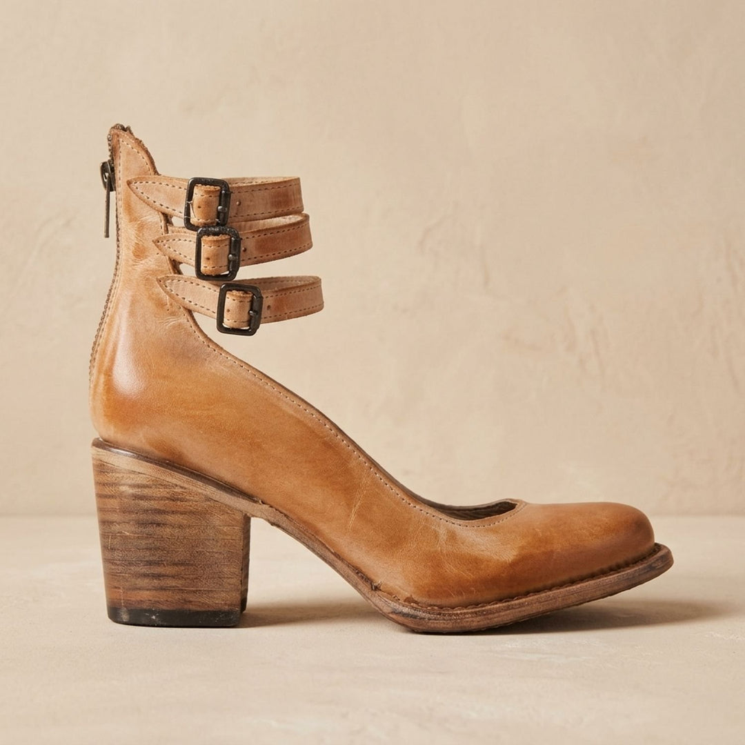 Women's Double-Buckle Block-Heel Leather Ankle Boots