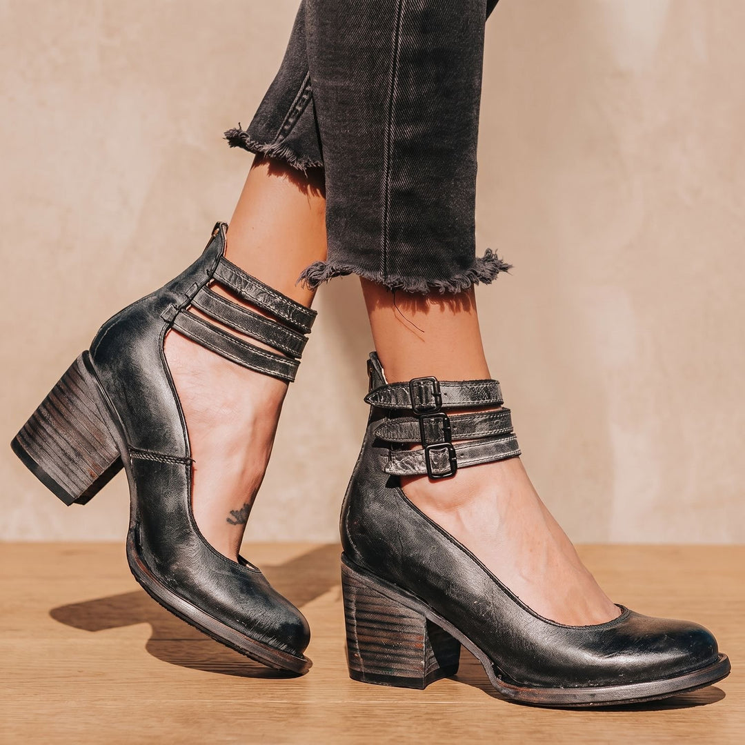 Women's Double-Buckle Block-Heel Leather Ankle Boots - Black