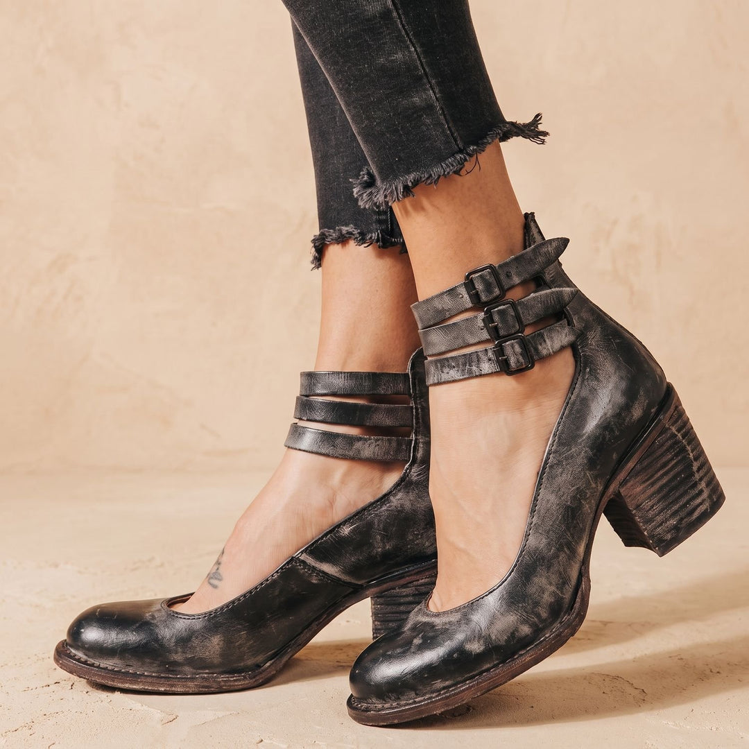 Women's Double-Buckle Block-Heel Leather Ankle Boots