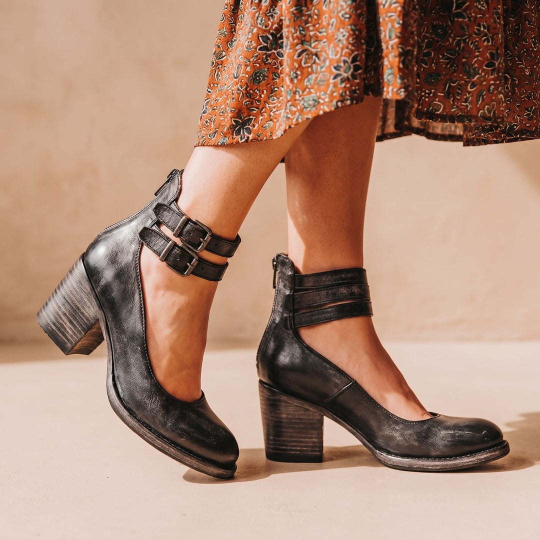 Women's Double-Buckle Block-Heel Leather Ankle Boots