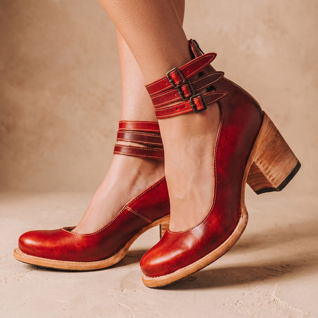 Women's Double-Buckle Block-Heel Leather Ankle Boots - Red