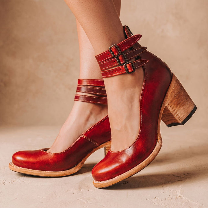 Women's Double-Buckle Block-Heel Leather Ankle Boots - Red