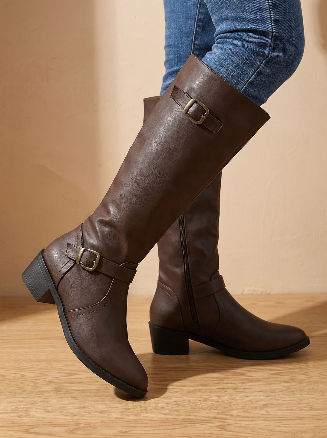 Women's Double Buckle Knee High Boots Low Block Heel
