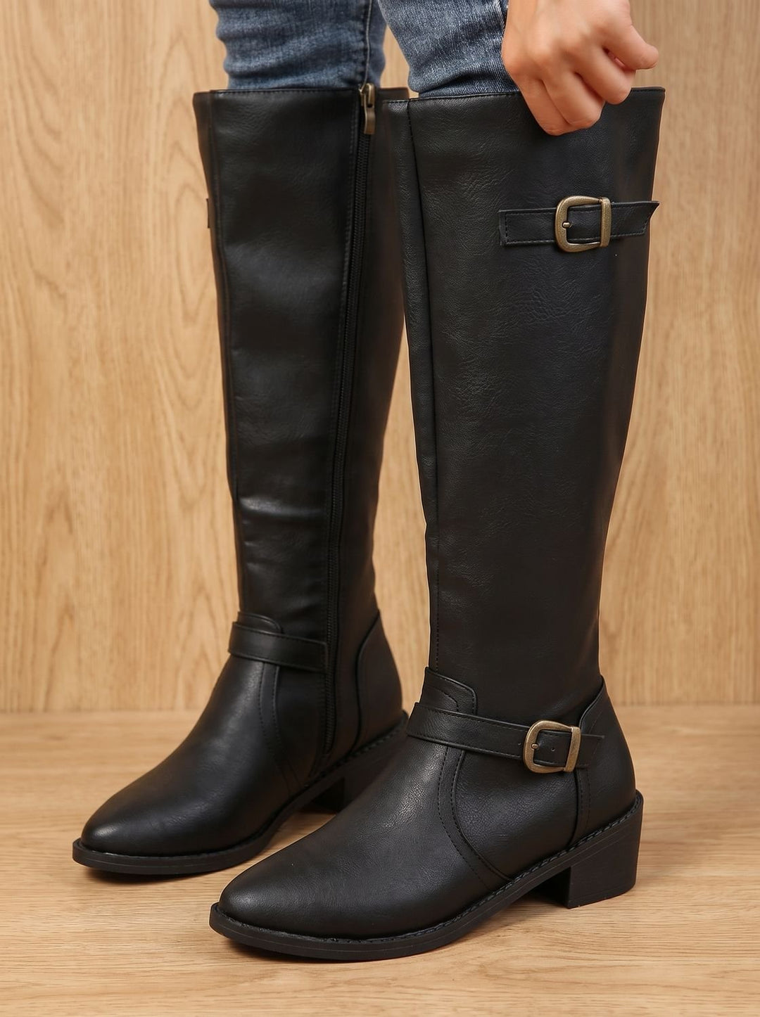 Women's Double Buckle Knee High Boots Low Block Heel