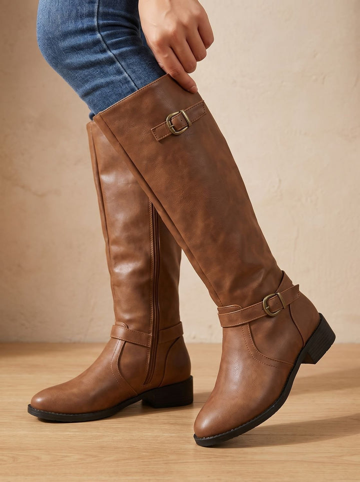 Women's Double Buckle Knee High Boots Low Block Heel