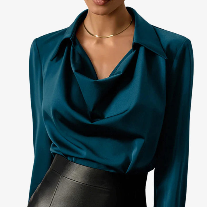 Women's Drape-Neck Long-Sleeve Satin Blouse