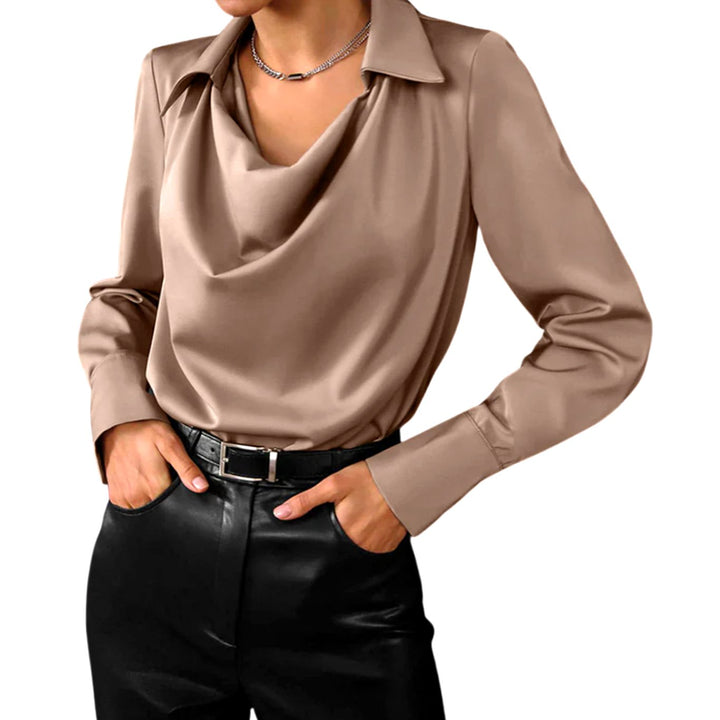 Women's Drape-Neck Long-Sleeve Satin Blouse