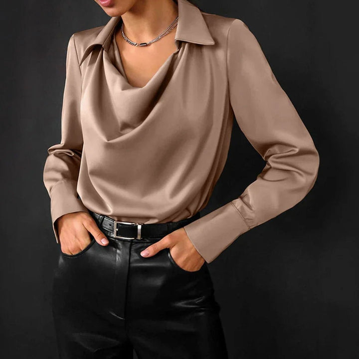 Women's Drape-Neck Long-Sleeve Satin Blouse - Bronze