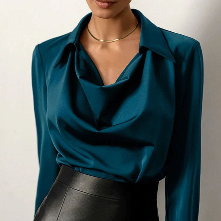 Women's Drape-Neck Long-Sleeve Satin Blouse - Blue