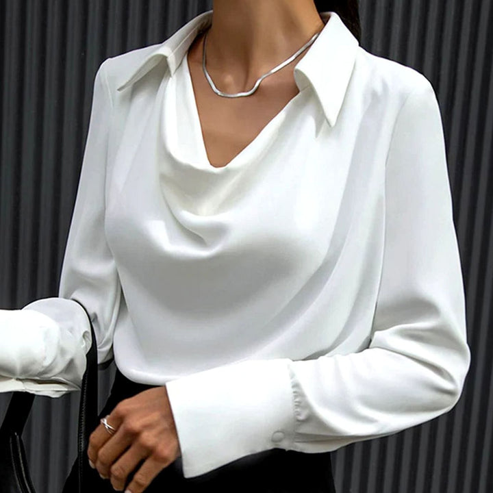 Women's Drape-Neck Long-Sleeve Satin Blouse - White