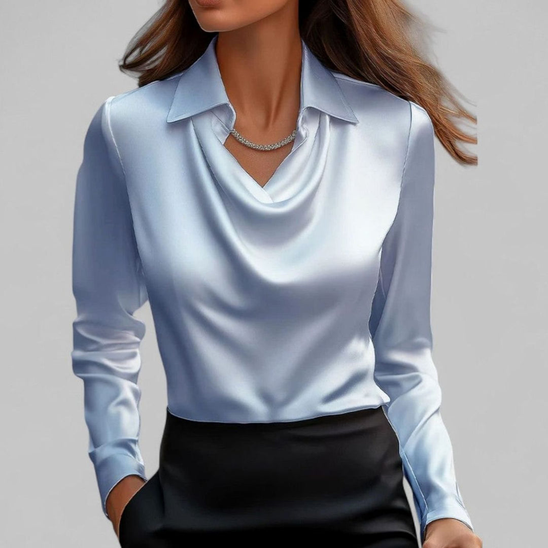 Women's Draped Cowl-Neck Long Sleeve Satin Blouses - Blue