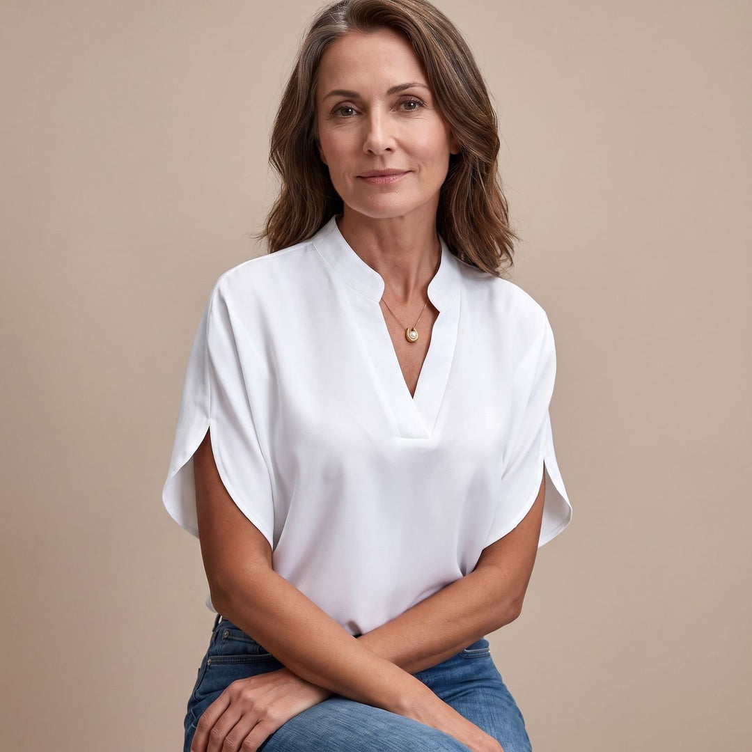Women's Draped V-Neck Short-Sleeve Blouse - White