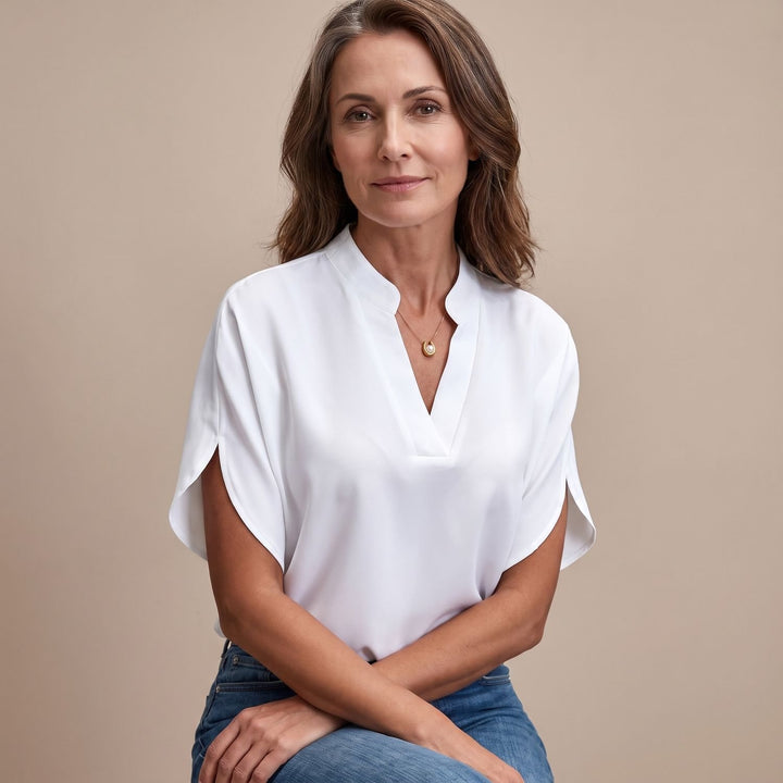 Women's Draped V-Neck Short-Sleeve Blouse - White