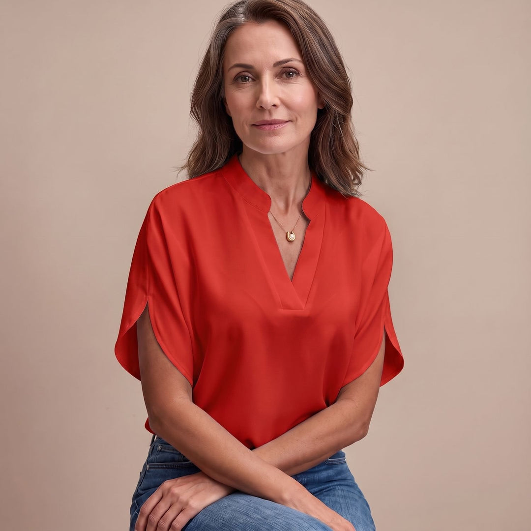 Women's Draped V-Neck Short-Sleeve Blouse - Red