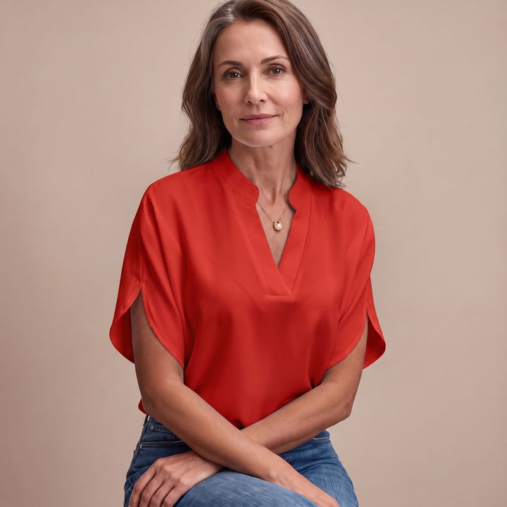 Women's Draped V-Neck Short-Sleeve Blouse - Red