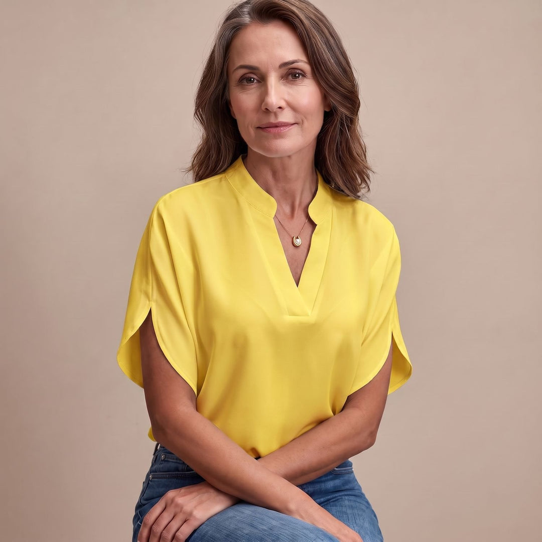 Women's Draped V-Neck Short-Sleeve Blouse - Yellow