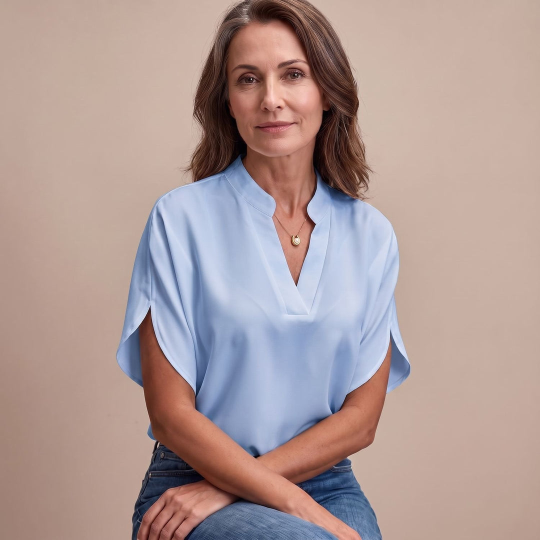 Women's Draped V-Neck Short-Sleeve Blouse - Blue