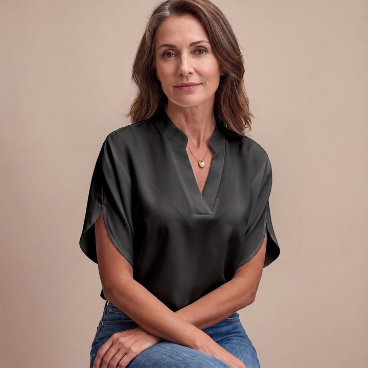 Women's Draped V-Neck Short-Sleeve Blouse - Black