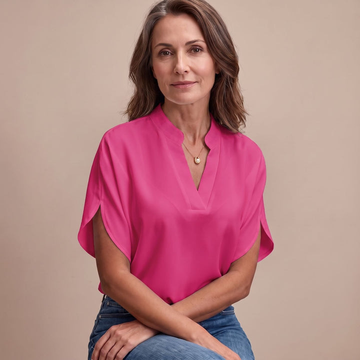 Women's Draped V-Neck Short-Sleeve Blouse - Pink
