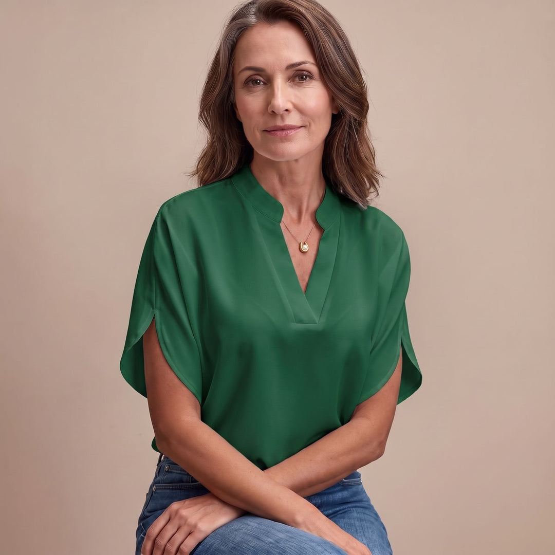 Women's Draped V-Neck Short-Sleeve Blouse - Green