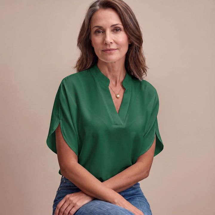 Women's Draped V-Neck Short-Sleeve Blouse - Green