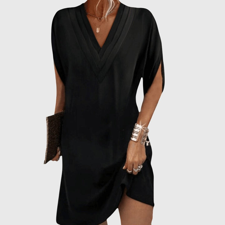 Women's Dress Flowy V-Neck Batwing Sleeve Mini Shift - Black